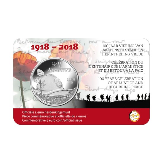 5 euros Belgique 2018 « célébration du centenaire de l’armistice et du retour à la paix » BU dans une coincard