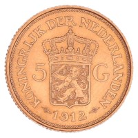 Gouden 5 Gulden Wilhelmina 1912 Pr+