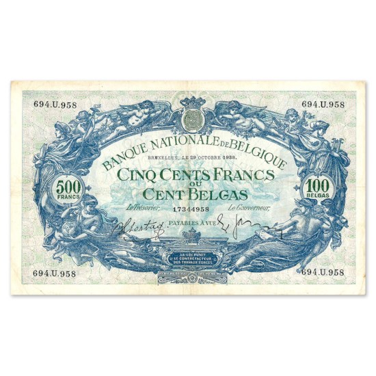 500 Francs - 100 Belgas 1938-1943 TTB+