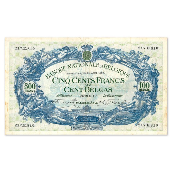 500 Francs - 100 Belgas 1927-1936 TTB