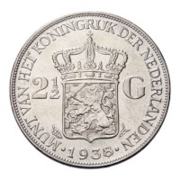 2 1/2 Gulden 1938 Wilhelmina ZFr+ grof haar